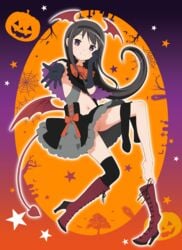 akemi_homura black_hair blush denkaisui female full_body halloween high_heel_boots high_heels innie_pussy long_hair looking_at_viewer mahou_shoujo_madoka_magica navel no_panties outstretched_arm outstretched_hand purple_eyes pussy smile solo tagme uncensored upskirt