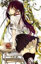 air_gear apple ass ass_grab bra brown_eyes censored collar desk female food fruit grabbing_own_ass highres looking_back noyamano_ringo panties panty_pull purple_hair pussy revision school_uniform see-through skirt solo thighhighs ukai_saki underwear white_panties