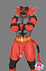 1boy black_fur crossed_arms diamanda fangs flaccid furry green_eyes grey_background humanoid_penis incineroar looking_at_viewer male male_only muscular nintendo nude open_mouth penis pokémon_(species) pokemon pokemon_sm red_fur smile solo standing tail teeth testicles text video_games watermark yellow_sclera