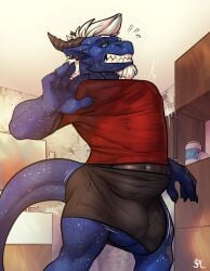 absurd_res anthro balls bared_teeth barely_visible_genitalia barely_visible_penis big_penis black_bottomwear black_clothing black_horn black_penis black_sclera blue_balls blue_body blue_eyes blue_tail bottomwear bulge cheek_spikes clothed clothing detailed_bulge dragon ear_piercing ear_ring erection erection_under_clothing facial_hair facial_spikes genital_outline genitals glistening glistening_eyes goatee hair hi_res horn huge_cock inside knot male male_anthro mythological_creature mythological_scalie mythology penis penis_outline piercing red_clothing red_topwear ridged_horn ring_piercing scalie short_hair solaxe_(artist) solo spikes spikes_(anatomy) standing tail topwear white_hair