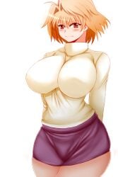 00s alternate_costume antenna_hair arcueid_brunestud arms_behind_back bad_id bad_pixiv_id blonde_hair blush breasts female female_focus hair_intakes highres hikora huge_breasts impossible_clothes impossible_sweater miniskirt pantyhose purple_skirt red_eyes see-through_clothes see-through_legwear short_hair skirt smile solo sweater tsukihime tsukihime_(remake) turtleneck