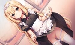 blonde_hair censored komeshiro_kasu maid maid_headdress maid_uniform panties_around_legs pantsu panty_pull pussy skirt_lift thighhighs very_long_hair