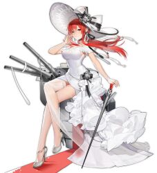 azur_lane bare_shoulders black_background blush breasts cannon cg choker crossed_legs dress earrings female flower full_body hair_between_eyes hat high_heels jewelry large_breasts long_hair looking_at_viewer monarch_(azur_lane) monarch_(white_warrick)_(azur_lane) official_art parted_lips purple_eyes red_hair rigging sidelocks simple_background sitting solo sun_hat thigh_strap turret white_dress white_headwear