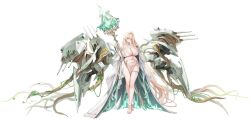 absurdly_long_hair azur_lane bare_shoulders barefoot bikini black_background blonde_hair breast_curtains breasts cannon cg cleavage dress female full_body gouden_leeuw_(azur_lane) green_eyes hair_between_eyes holding holding_staff huge_breasts jewelry long_hair looking_at_viewer machinery navel official_art pelvic_curtain revealing_clothes rigging simple_background skindentation solo staff standing swimsuit thigh_strap thighs turret very_long_hair white_bikini white_dress yellow_eyes
