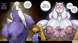 age_difference ass big_nipples big_thighs boss_monster breasts dialogue frisk goat_mom lollipopcon milf moaning nipples penis pussy sex toriel undertale undertale_(series) vaginal_penetration watermark yellow_body