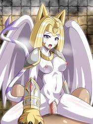 1boy blush breasts cowgirl_position digimon digimon_(species) digimon_adventure_02 egyptian_mythology female gloves heigako monster_girl nefertimon sex sphinx straddling tail wings