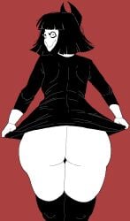 1girls ass big_ass big_butt black_hair bow bubble_butt creepy creepy_susie dress dress_lift goth goth_girl krendel looking_at_viewer not_ai_generated short_hair smile solo solo_female solo_focus the_oblongs thighhighs