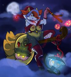 animal_ears arm_behind_back arm_up between_legs bow braixen breastless_clothes breasts broom broom_riding choker christmas cloud fangs feet female floating fox_ears fox_tail full_body geeflakes gloves glowing_eyes hair_over_one_eye half-closed_eyes halloween hat heart lampent large_breasts looking_to_the_side magic moon navel night nipples no_humans orange_eyes paws pokémon_(species) pokemon pokemon_(species) pokemon_bw pokemon_xy pumpkaboo pussy red_bow red_gloves red_hat red_legwear santa_hat shiny_pokemon shiny_pumpkaboo sky smile sparkle spread_legs stick tail teeth thighhighs uncensored wand witch yellow_eyes