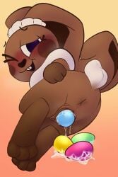 1girls animate_inanimate anthro blush blushcrunch_studio brown_body brown_fur candy chocolate chocolate_bunny cocoa_(dandy's_world) dandy's_world dessert egg egg_laying female female_only food fur hand_on_butt hi_res lagomorph leporid looking_at_viewer looking_back lying mammal on_side rabbit solo supersponger tail white_tail