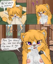 anthro areola blush breasts canid canine canis chest_tuft cleo_(lerasmel) clock comic cunnilingus detailed_background dialogue digital_drawing_(artwork) digital_media_(artwork) domestic_cat domestic_dog duo felid feline felis female female/female fur furniture hi_res inside kreed_(lerasmel) lerasmel mammal medium_breasts nipples on_sofa oral purple_eyes pussy sex smile smiling_at_viewer sofa tongue tongue_out tuft vaginal_penetration watch wristwatch yellow_body yellow_fur