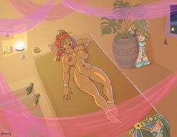 barefoot breath_of_the_wild dark-skinned_female dark_skin feet gerudo gerudo_link gold isha_(breath_of_the_wild) large_breasts larger_female link masturbation muscular_female navel_piercing nipple_piercing nipple_rings red_hair sleeping sorenutz the_legend_of_zelda toes voyeur