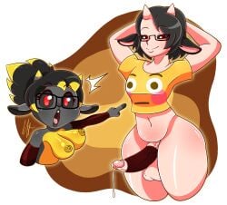 bedroom_eyes black_hair black_skin breasts cock_sleeve cum_drip dark_eyes dark_hair dark_skin erect_penis femboy funny_shirt furry glasses lamb male penis pointing red_eyes shortstack simple_background soyjak_pointing_meme succubus succubuslamb teddybunnmt thick_thighs tits_out