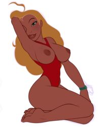 1girls armpits blonde_hair breasts casual clothes_between_breasts dark-skinned_female dark_skin disney feet female green_eyes human large_breasts lifeguard lifeguard_(lilo_and_stitch) lilo_and_stitch long_hair misplacedlines mrpotatoparty nipples one-piece_swimsuit public toes wristwatch wristwear