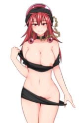 black_shirt blush breasts chains collar colored_pubic_hair eyebrows_visible_through_hair female female female_only hecatia_lapislazuli kuroba_rapid large_breasts looking_at_viewer navel neck_ruff nipple_slip nipples no_bra nopan polos_crown pubic_hair pubic_hair_peek red_eyes red_hair seductive_smile shirt shirt_pull simple_background skirt skirt_pull smile solo t-shirt touhou undressing white_background