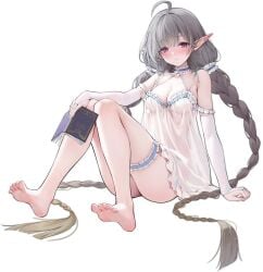 ahoge ass azur_lane bare_legs bare_shoulders barefoot black_background blush book braid breasts bridal_garter bridal_gauntlets cg choker cleavage closed_mouth collarbone dress ear_piercing elf evertsen_(azur_lane) evertsen_(basking_by_the_window)_(azur_lane) feet female frills full_body gloves grey_hair holding holding_book knees_up legs long_hair looking_at_viewer medium_breasts official_art piercing pointy_ears purple_eyes simple_background sitting soles solo thigh_strap toes trembling twin_braids twintails very_long_hair white_dress white_gloves