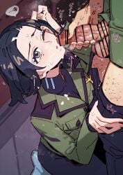 ... 1boy balls bar_censor black_hair black_pants censored censored_testicles clothes_pull commentary comoli_harcourt female green_jacket gsusart gundam gundam_gquuuuuux highres jacket long_sleeves male mole mole_under_eye mosaic_censoring one_eye_closed open_mouth paid_reward_available pants pants_pull penis short_hair speech_bubble spoken_ellipsis straight testicles