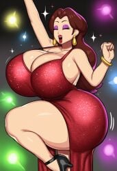ai_generated ass booty breasts city club dancing dress excited gigantic_ass gigantic_breasts happy hips huge_ass huge_breasts lipstick lubbasdump mario_(series) massive_ass massive_breasts nintendo pauline rooftop super_mario_bros. wide_hips