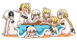 10s 6+girls ahoge akou_roushi arcueid_brunestud armpits artoria_pendragon artoria_pendragon_(fate) ass bar_censor blonde_hair blue_eyes blush braid breasts brown_eyes butt_crack casual_nudity censored chopsticks commentary_request cup eating fate/apocrypha fate/extra fate/grand_order fate/stay_night fate_(series) female female_only food fruit green_eyes helmet jeanne_alter jeanne_d'arc_(fate) jeanne_d'arc_(ruler)_(fate) jeanne_d'arc_alter_(avenger)_(fate) jeanne_d'arc_alter_(fate) koha-ace kotatsu light-skinned_female long_hair lying mandarin_orange multiple_girls navel nero_claudius_(fate) nero_claudius_(fate/extra) noodles nude okita_souji_(fate) okita_souji_(koha-ace) on_stomach pink_hair ramen red_eyes saber saber_(fate) saber_alter sakazuki short_hair sideboob sitting smile sweatdrop table tsukihime type-moon