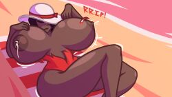 big_breasts black_hair breast_expansion breasts breasts_bigger_than_head breasts_squeezed_together clothes_ripping dark-skinned_female dark_skin fandangomango female lactation laying_down lifeguard sequence solo sunhat swimsuit tight_clothing wide_hips