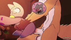 1boy 2d ambiguous_gender ambiguous_penetration animate_inanimate animated anthro anthro_on_anthro anthro_penetrated anthro_penetrating anthro_penetrating_anthro canid canine cat cock_sleeve cowboy_shot digital_media domestic_cat felid feline felis fox living_plushie male sex_toy sockodrawing sound tagme video