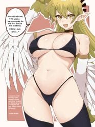 1girls absurd_res accessory alexis_rhodes alternate_version_available armpits arms_behind_back arms_up bikini bird_girl blonde_hair breasts brown_eyes claws cosplay english_text espkiriyama female fringe gloves harpie_lady harpie_lady_(cosplay) huge_breasts japanese_text legwear light_skin looking_at_viewer one_arm_up open_mouth panties pointy_ears smile solo standing sweatdrop teenager tenjouin_asuka text thighs translated underwear white_background wings yu-gi-oh! yu-gi-oh!_gx