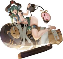 :d animal_ears anklet armlet azur_lane bare_shoulders barefoot black_background blunt_bangs blush braid breasts cg chains chinese_zodiac cleavage cow_ears cow_girl cow_horns feet female full_body green_hair hair_intakes holding horn_ornament horn_ring horns jewelry large_breasts long_hair looking_at_viewer navel official_art open_mouth raffaello_(azur_lane) raffaello_(protector_of_love_and_beauty)_(azur_lane) revealing_clothes sideboob simple_background smile solo tail thigh_strap thighs toes twin_braids very_long_hair year_of_the_ox yellow_eyes
