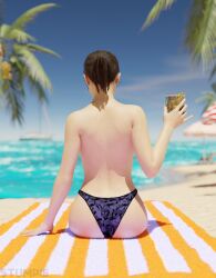 3d 3d_(artwork) alternate_version_available asian asian_female beach beach_background beach_towel beach_umbrella blue_eyes blue_eyes_female brown_hair brown_hair_female chell female highres medium_ass nude_female pale-skinned_female pale_skin ponytail ponytail_female portal_(series) portal_2 pose posing relaxing self_upload stumpie summer tropical tropical_drink tropical_setting