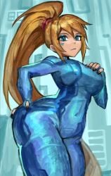 1girls ass black_nails blonde_hair blue_eyes emotionless eyeshadow hand_on_breast hand_on_hip hip_grab hips long_hair looking_at_viewer looking_down metroid nintendo ponytail saiykik samus_aran skin_tight thick_ass thick_thighs thighs tight_clothing tight_fit white_skin zero_suit_samus