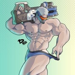 1boy abs bara barazoku belly_button biceps briefs bulge dkmate gay gun light-skinned_male light_skin male male_focus male_only mask muscular muscular_arms nipples no_visible_genitalia overwatch pecs soldier_76 solo standing topless underwear underwear_only underwear_pull weapon white_hair