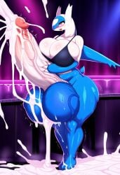 ai_generated bottomless cum cumshot ejaculation excessive_cum futanari huge_breasts huge_butt hyper_balls hyper_penis intersex latios masturbation nightclub novelai pokemon pokemon_(species) sibal123 thick_thighs