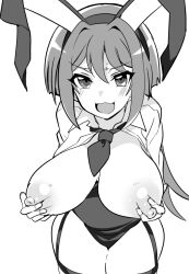 anjou_tokoha black_and_white breasts breasts_out bunny_girl_outfit cardfight!!_vanguard cardfight!!_vanguard_g colorless groping_own_breasts groping_self large_breasts oda_koziki pointy_chin self_fondle