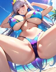 1girls ai_generated bikini breasts fate/grand_order fate_(series) female hips huge_breasts kama_(fate/grand_order) kama_(swimsuit_avenger)_(fate) large_breasts light-skinned_female light_skin long_hair naughty_face outdoors red_eyes smile stable_diffusion thick_thighs thighs white_hair wide_hips