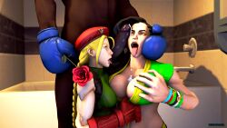 1boy 2girls 3d big_breasts blonde_hair blue_eyes breast_grab cammy_white dark-skinned_male dark_skin dudley duo female hentaiforeva interracial larger_female latina laura_matsuda male sex street_fighter street_fighter_v threesome tongue tongue_out