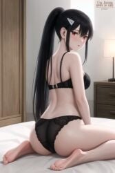 1female 1girls ai_generated ass bangs bed bedroom black_hair black_hair_female bra breasts commentary_request english_commentary female female_only hairclip hi_res high_resolution highres kaiju_no.8 lamp light-skinned_female light_skin lingerie long_hair long_hair_female looking_at_viewer mina_ashiro mole mole_under_eye panties ponytail red_eyes red_eyes_female room solo solo_female wariza