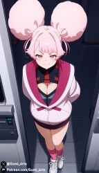 ai_generated alternate_body_type chuatury_panlunch cleavage doorway gumi_arts gundam gundam_suisei_no_majo indoors jacket large_breasts looking_at_viewer pink_eyes pink_hair smug stable_diffusion