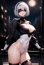 ai_generated black_blindfold breasts cleavage female_only hairband huge_breasts mole nier:_automata renajin short_hair silver_hair solo thick_thighs thighs voluptuous voluptuous_female yorha_2b