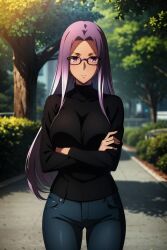 ai_generated aizend_ai big_breasts casual_clothes crossed_arms curvaceous curvy curvy_female curvy_figure fate/stay_night fate_(series) glasses jeans medusa_(fate) nai_diffusion stable_diffusion standing turtleneck wide_hips