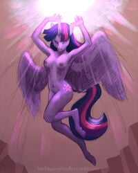 2014 alicorn anthro anthrofied biped breasts buckitponydoodles cutie_mark equine feathered_wings feathers female flying friendship_is_magic full-length_portrait horn looking_at_viewer mammal my_little_pony nipples nude portrait raised_arm solo spread_wings twilight_sparkle_(mlp) url wings