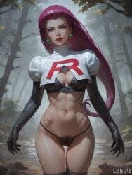 1girls abs ai_generated cleavage clothed forest forest_background gloves jessie_(pokemon) leggings legwear lokiai nose partially_clothed pink_hair pokemon pubic_hair pussy revealing_clothes seducing seductive seductive_look stable_diffusion stockings team_rocket transparent_clothing underwear