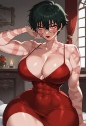 1girls abs ai_generated big_breasts blush clothed clothing color dress female female_focus female_only fit_female floppydisc glasses green_hair hi_res jujutsu_kaisen large_breasts light-skinned_female light_skin lipstick looking_at_viewer mommy muscles muscular muscular_arms muscular_female muscular_legs muscular_thighs short_hair solo solo_female tagme thiccwithaq_(ai_style) thick_thighs yellow_eyes zenin_maki