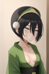 1girls ai_generated alternate_costume avatar_legends avatar_the_last_airbender black_hair blind blush cleavage earth_kingdom female green_kimono kimono obi plunging_neckline small_breasts smirk toph_bei_fong