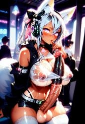 1futa 1girls ai_generated autopaizuri belt big_balls big_penis choker cleavage crop_top cumming female fox_ears futanari futanari futanari_masturbation gamer_girl hair_between_eyes hair_ribbon headset horsecock horsecock_futanari long_hair masturbation navel penis pink_eyes public releisnaughty rgb_lighting solo_futa tagme testicles thighhighs train white_hair