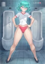 1girls alternate_costume alternate_version_available bloomers blush breasts buruma cameltoe female female_focus footwear full_body green_eyes green_hair gym_clothes gym_uniform hair hand_on_hip hands_on_hips hips legs mogudan one-punch_man public public_bathroom recording shirt short_hair small_breasts smile solo solo_focus standing tatsumaki thighs white_shirt wide_hips