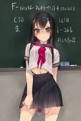 1girls bangs black_hair black_skirt chalk chalkboard classroom closed_mouth cowboy_shot crop_top crop_top_overhang dildo eraser eyebrows_visible_through_hair female grey_eyes hair_ornament hairclip highres long_hair looking_at_viewer murakami_suigun neckerchief original pleated_skirt purple_neckwear pussy_juice rope school_uniform serafuku sex_toy short_sleeves sidelocks skirt solo tears vibrator wavy_mouth