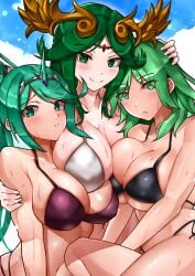 3girls belly big_breasts bikini black_bikini blush breast_squeeze breasts byleth_(fire_emblem) byleth_(fire_emblem)_(female) byleth_(summer)_(fire_emblem)_(female) ear female female_only fire_emblem fire_emblem:_three_houses fit fit_female girl girls green_eyes green_hair hair hair_ornament hand_on_hip hi_res huge_breasts hugging kid_icarus kid_icarus_uprising legs long_hair neck nervous nintendo nipples nipples_visible_through_clothing oniisan02b pale-skinned_female pale_skin palutena partially_clothed pneuma_(xenoblade) pony ponytail smile stomach sweat sweatdrop sweating sweaty swimsuit swimwear tan_body thick_thighs thighs touching_breast very_long_hair video_game video_games white_bikini white_skin xenoblade_(series) xenoblade_chronicles_2 xenoblade_chronicles_3 yotsuhauni