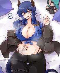 1girls arknights blue_hair blush ch'en_(arknights) cleavage clothing dankestsin female horns huge_breasts looking_at_viewer medium_hair navel on_bed open_mouth open_shirt red_eyes solo thick_thighs