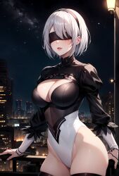 ai_generated black_blindfold breasts cleavage female_only hairband huge_breasts mole nier:_automata renajin short_hair silver_hair solo thick_thighs thighs voluptuous voluptuous_female yorha_2b