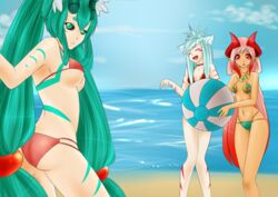 animal_ears ball beach beachball bikini blue_bikini blue_hair body_markings breasts closed_eyes convenient_censoring crease fox_ears gradient_hair green_eyes green_hair hair_ornament horns jewelry kneeling laughing looking_at_viewer medium_breasts multicolored_hair multiple_girls navel neck_ring nude pink_eyes pink_hair pink_lips red_bikini small_breasts swimsuit water