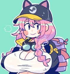 1girls alternate_version_available backpack big_breasts blush braid breasts cap cat_ears cleavage clothed_female doodle green_background hat jacket light-skinned_female notnoe_(dxcl) pink_cheeks pink_hair request solo solo_female steam steam_(software) steam_delivery_girl steam_logo sweat sweating