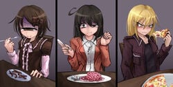 >:( 3girls :t black_hair blonde_hair blush bow brain brown_bow brown_eyes brown_hair centipede closed_mouth cum cum_on_food cum_string cyclops disgusted eating eyebrows_visible_through_hair flesh food fork frown gokkun gore grey_background hair_between_eyes hairbow half-closed_eye highres hitomebore holding holding_fork holding_knife insects knife long_hair looking_at_viewer multiple_girls one-eyed pizza plate ray-k sadokawa_rui shaded_face short_hair simple_background smile tears tsunemi_akemi turn_pale usui_sachi what yellow_eyes